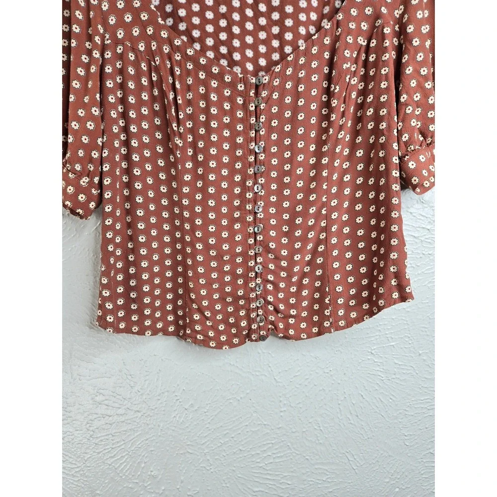Free People Floral Button Front Blouse Small Brown Short Sleeve Boho Cottage Top
